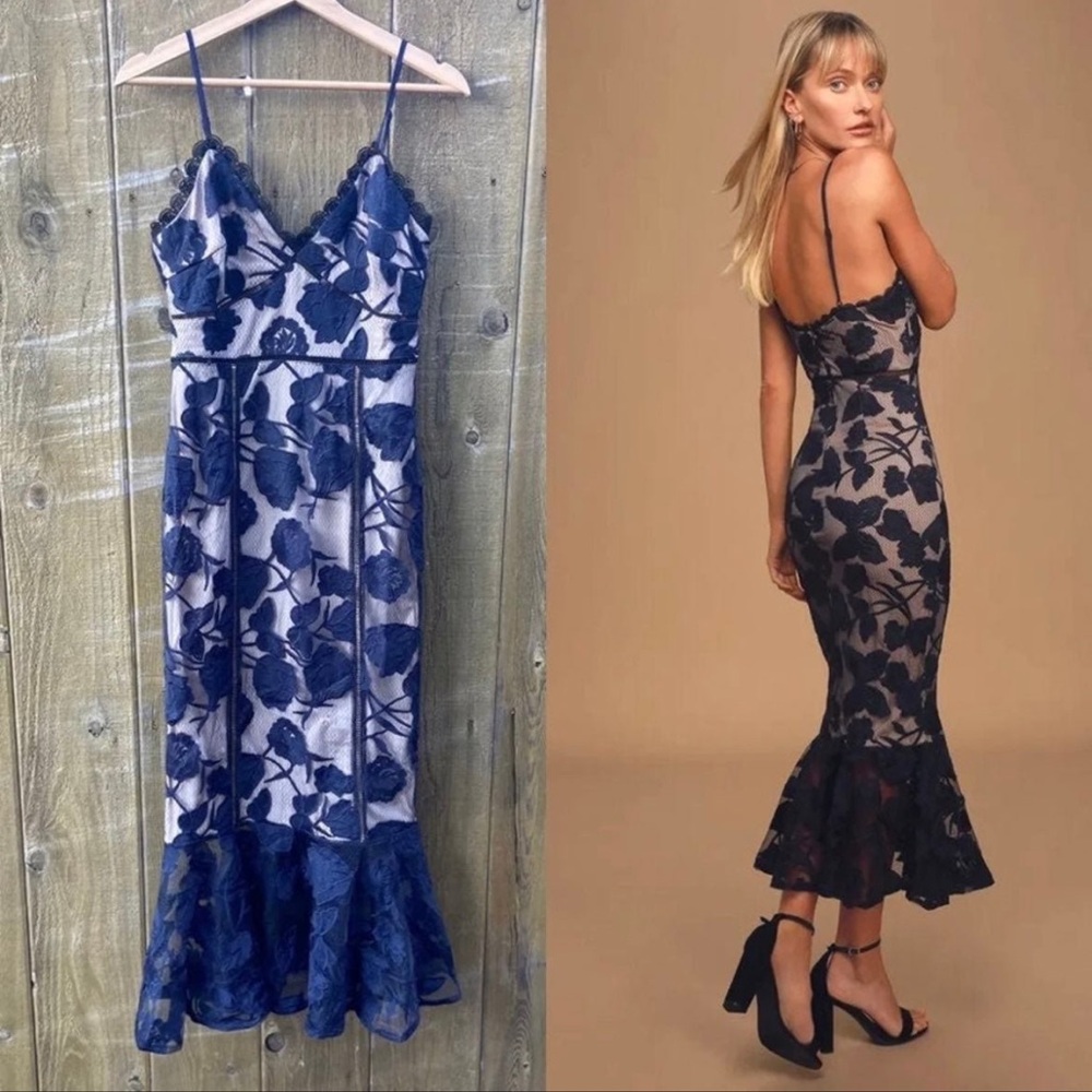 Navy Blue Floral Mesh Lace Bustier Trumpet Midi Dress 🌿